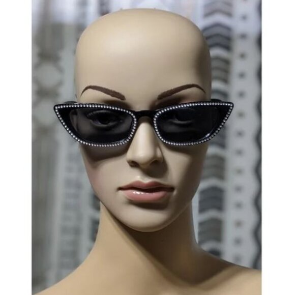 Solid Black Rhinestone Cat Eye Sunglasses - Picture 1 of 3